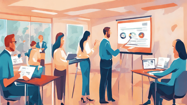 Financer le bilan de compétence de vos salariés en entreprise - Illustration minimaliste employés en formation en entreprise - Skills Mag